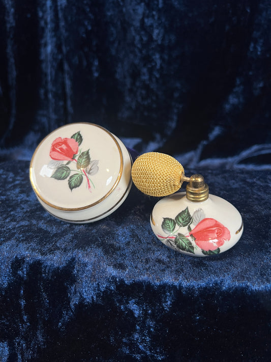 Vintage Porcelain Vanity Set – Pink Briar Rose Trinket Box & Perfume Bottle Bavaria