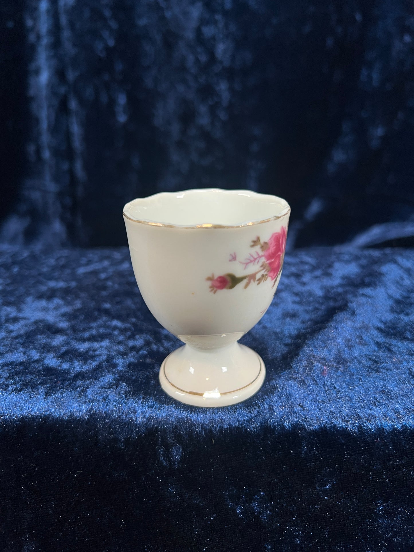 Vintage Porcelain Egg Cup – Pink Rose Floral Gold Trim Pedestal
