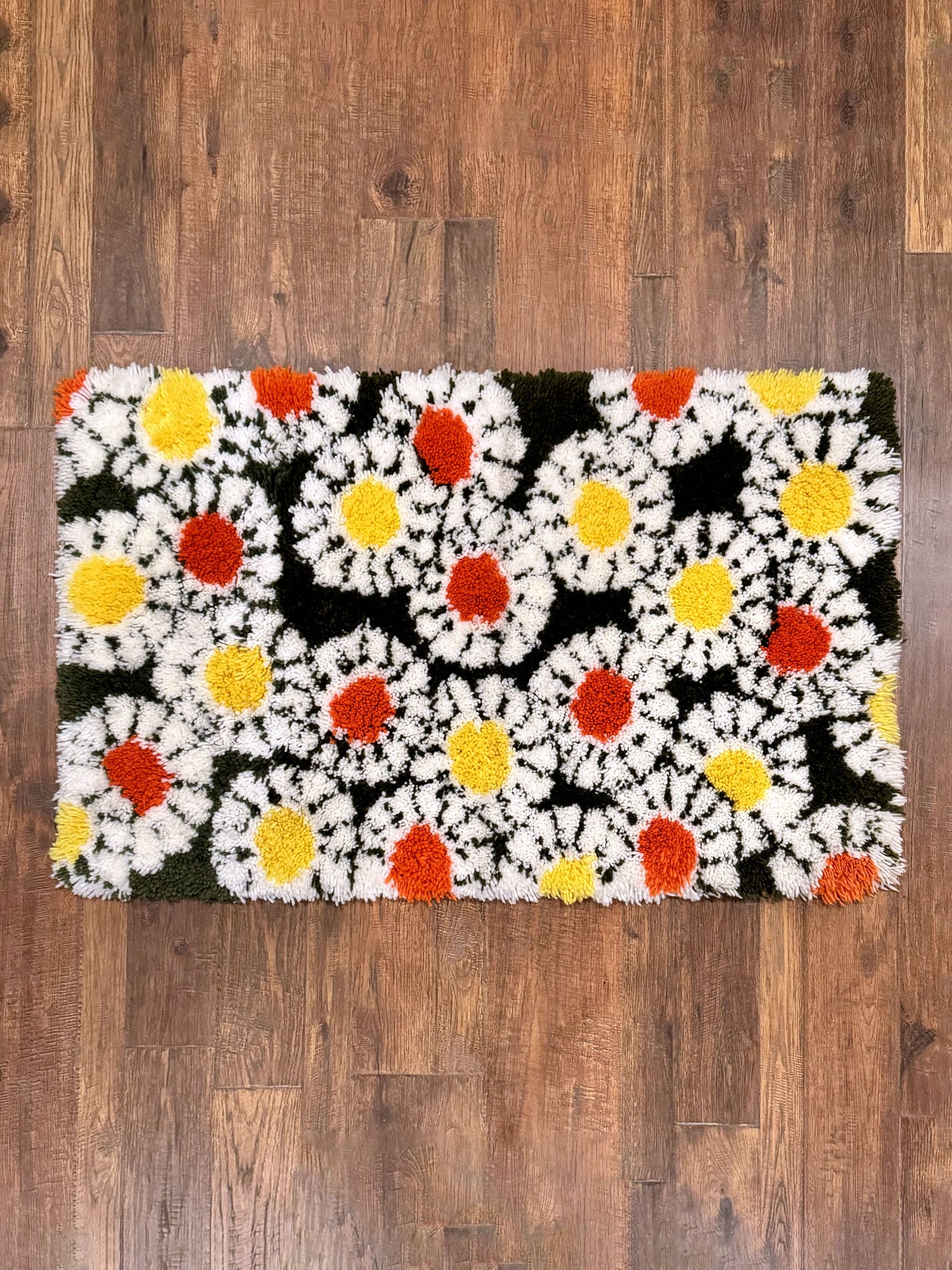 Vintage 1970s Groovy Floral Daisy Latch Hook Shag Rug Art