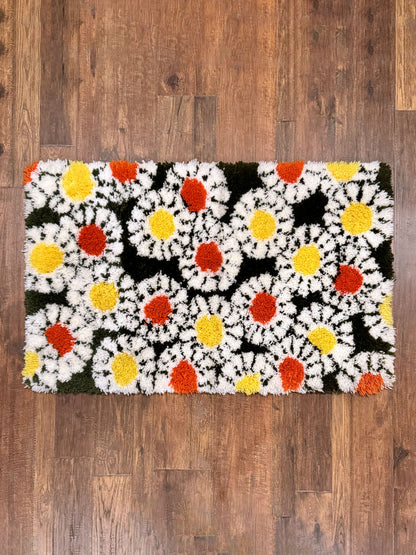 Vintage 1970s Groovy Floral Daisy Latch Hook Shag Rug Art