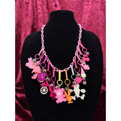 Vintage 1980s Plastic Chain Charm Necklace 12 Bell Googly Eyes Charm Pink Purple