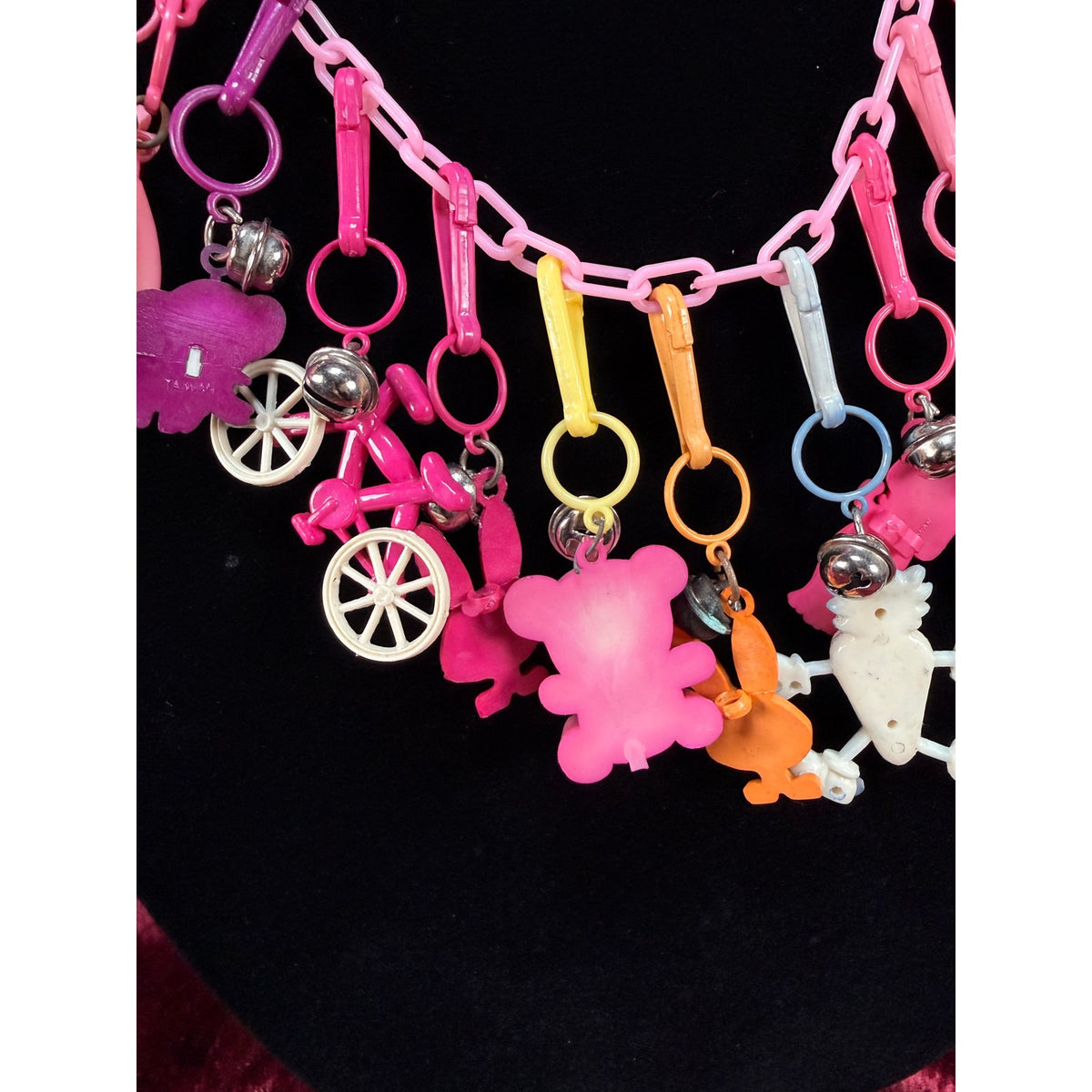 Vintage 1980s Plastic Chain Charm Necklace 12 Bell Googly Eyes Charm Pink Purple