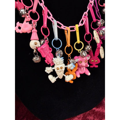Vintage 1980s Plastic Chain Charm Necklace 12 Bell Googly Eyes Charm Pink Purple