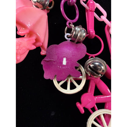 Vintage 1980s Plastic Chain Charm Necklace 12 Bell Googly Eyes Charm Pink Purple