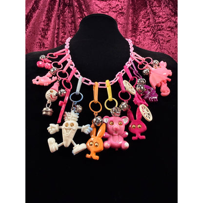 Vintage 1980s Plastic Chain Charm Necklace 12 Bell Googly Eyes Charm Pink Purple