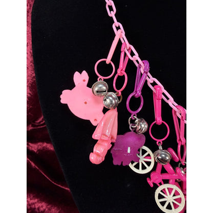 Vintage 1980s Plastic Chain Charm Necklace 12 Bell Googly Eyes Charm Pink Purple
