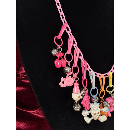 Vintage 1980s Plastic Chain Charm Necklace 12 Bell Googly Eyes Charm Pink Purple