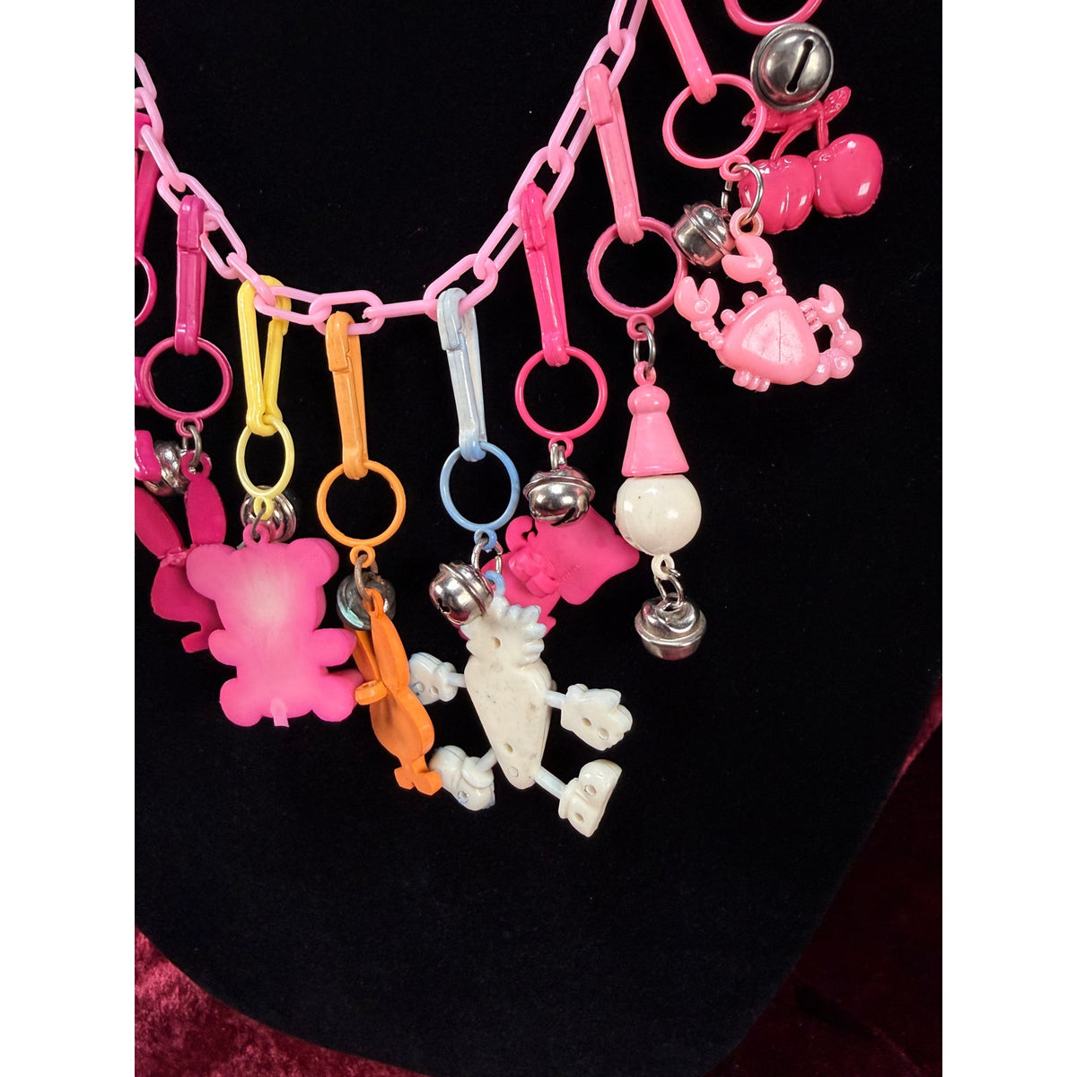 Vintage 1980s Plastic Chain Charm Necklace 12 Bell Googly Eyes Charm Pink Purple