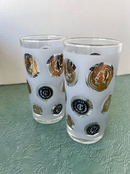 Libbey Tumblers - Frosted Glass with Gold Coins - Set of 2