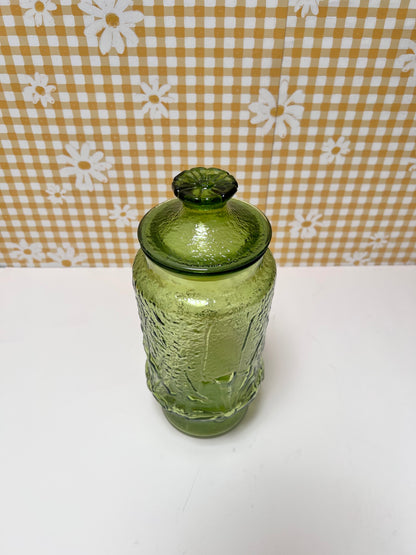 Anchor Hocking Green Rainflower Covered Jar