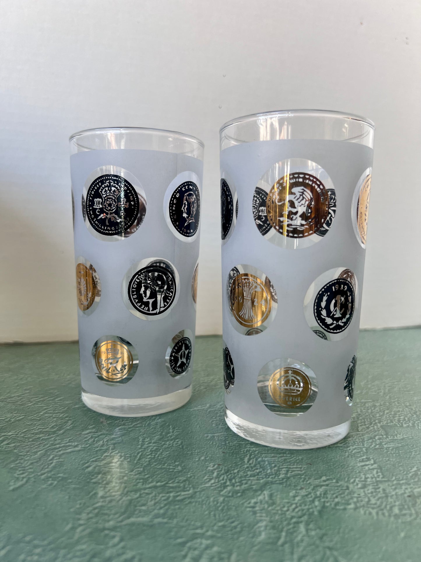 Libbey Tumblers - Frosted Glass with Gold Coins - Set of 2