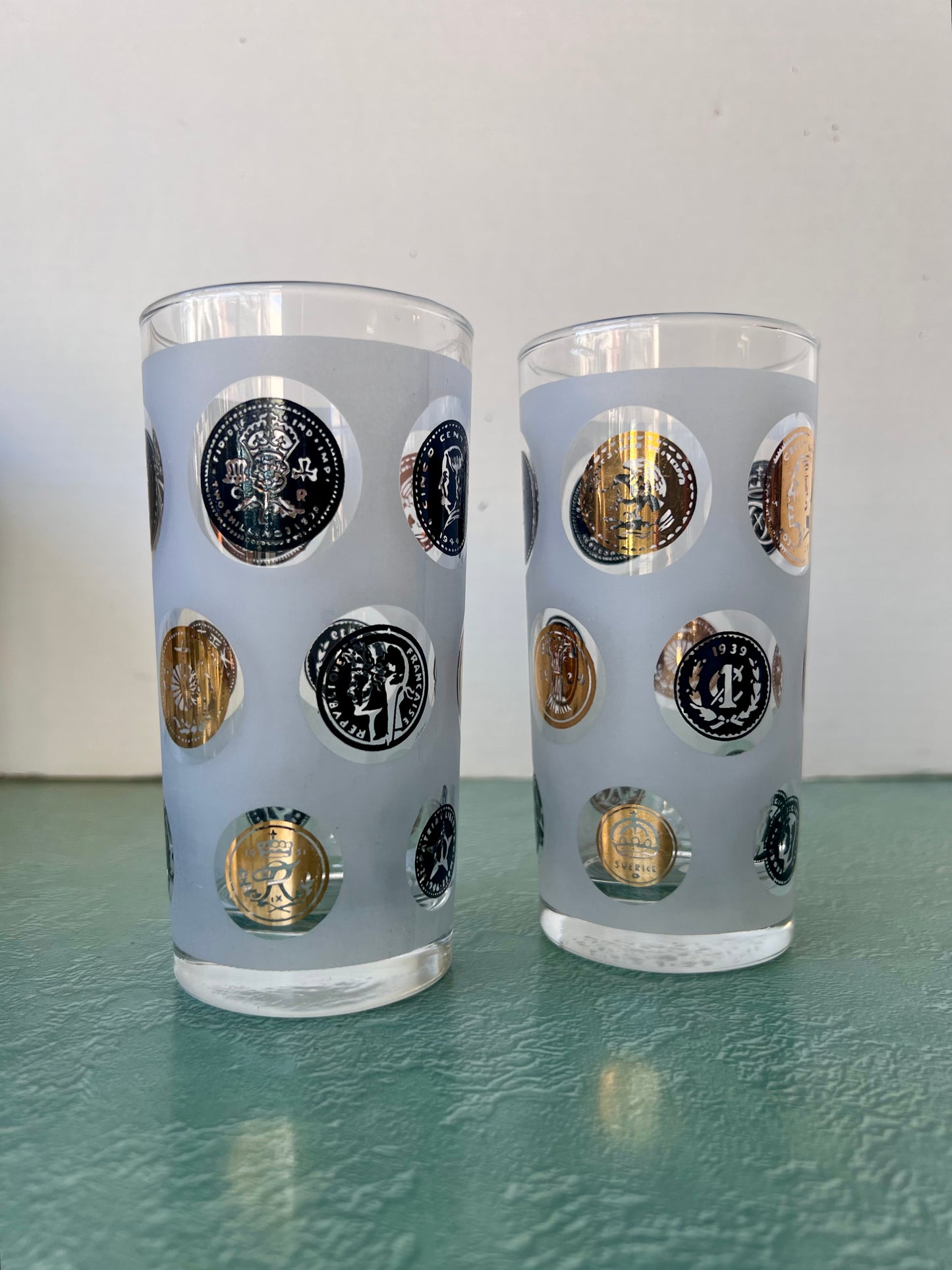 Libbey Tumblers - Frosted Glass with Gold Coins - Set of 2