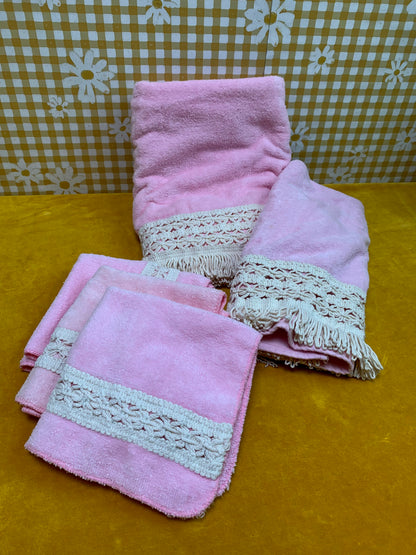 1980s The Bathworks Made in USA Pink Crochet Towel Set