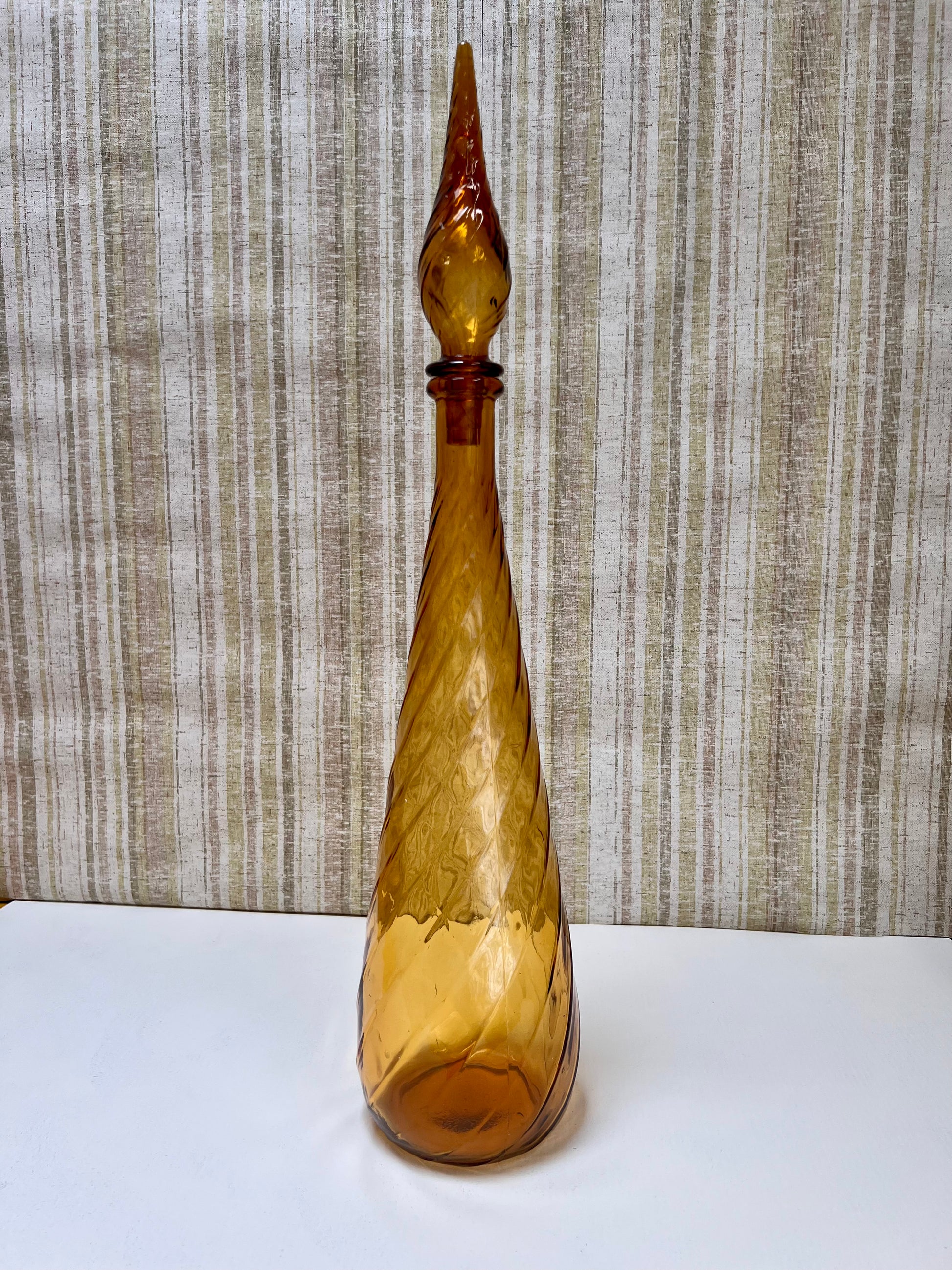 XL Amber SWIRL Pattern Glass Genie Bottle Decanter / Mid-century