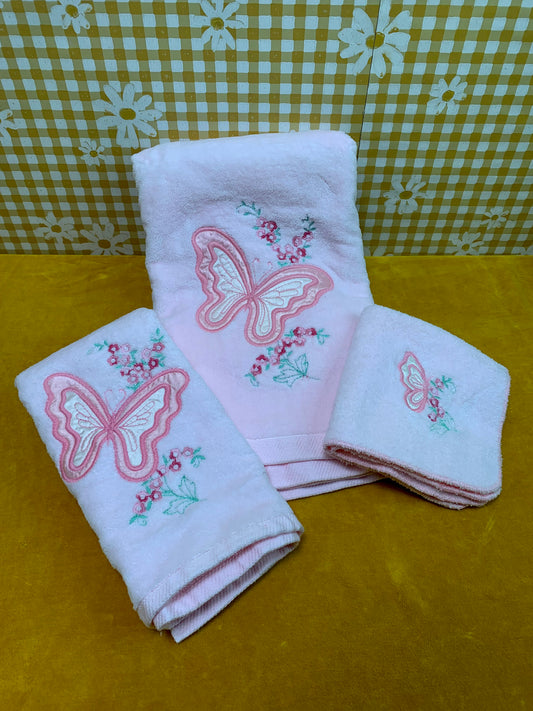 1980's The Bathworks Pink Butterfly Towel Set