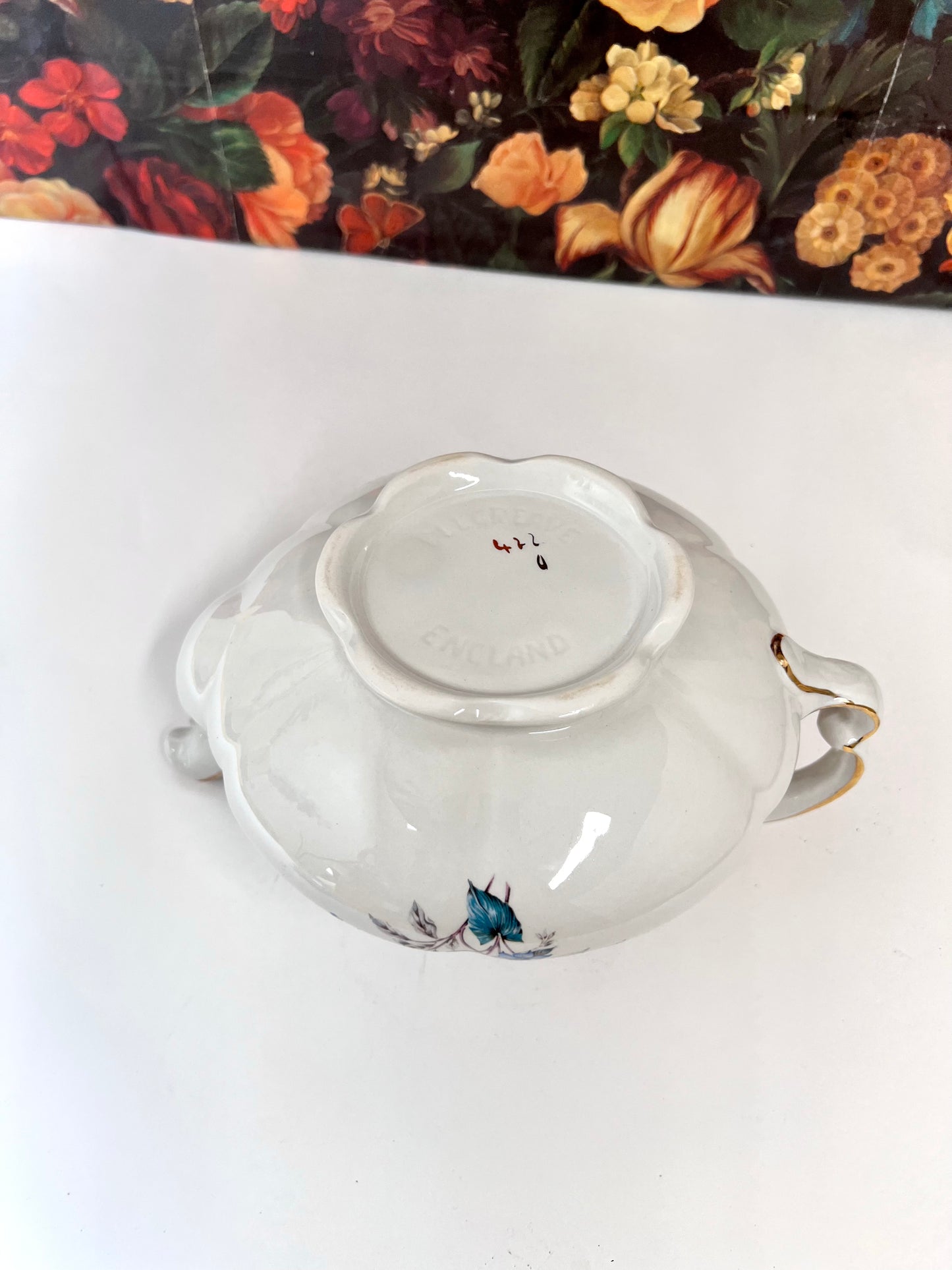 Ellgreave England Teapot Blue and Yellow Floral Pattern The Cat Vintage