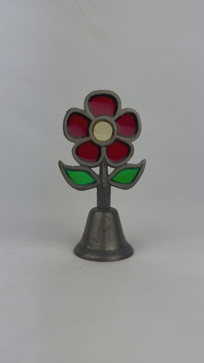 Vintage Metal Red Stained Glass Resin Flower Bell - Made In Japan