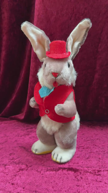 Vintage 1950s Gund Plush Rabbit Music Box – “Rock-a-Bye Baby” + Felt Outfit