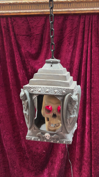 Vintage Halloween - Hanging Animatronic - Red-Eyed Talking Skull in Lantern