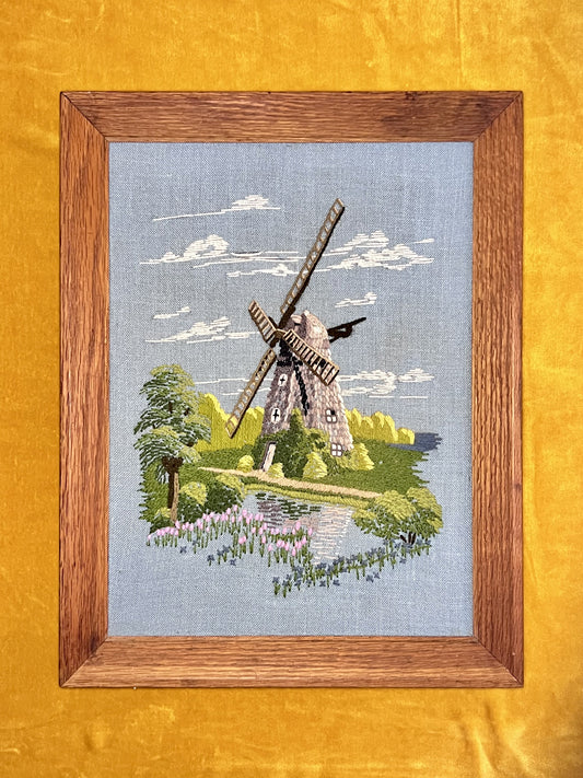 Framed "Petticoat Windmill" Vintage Crewel