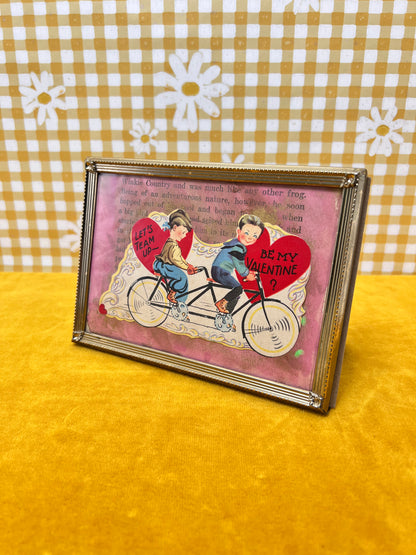 Vintage Framed Valentine - "Bicycle Lovers" - Simple Brass Frame