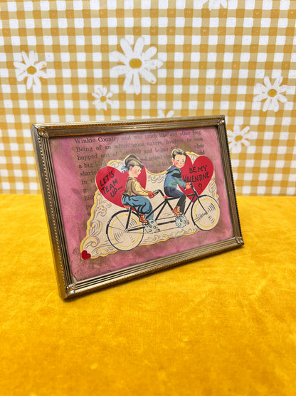 Vintage Framed Valentine - "Bicycle Lovers" - Simple Brass Frame