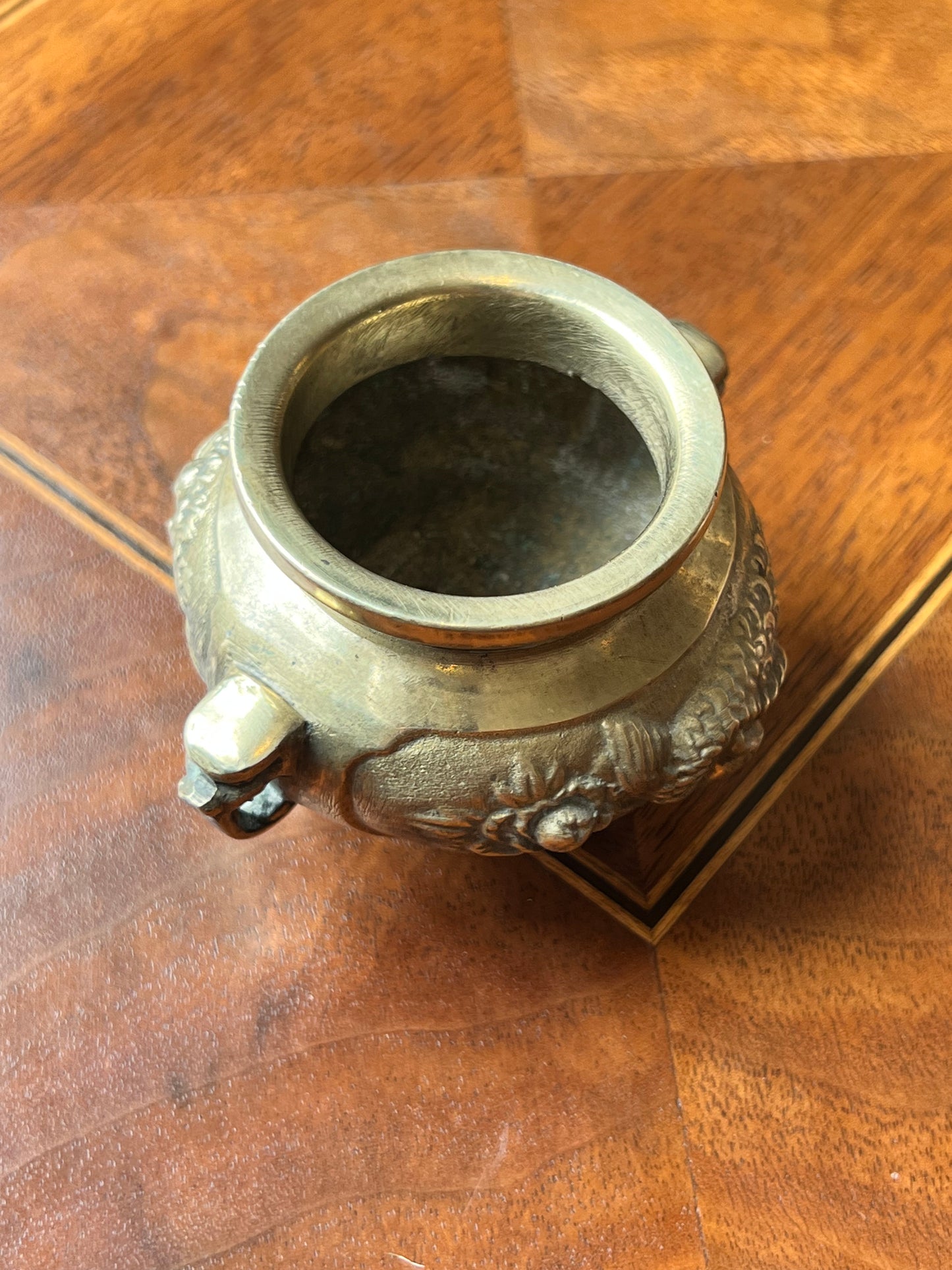 Antique Brass Pedestal Bowl with Peacock Motif