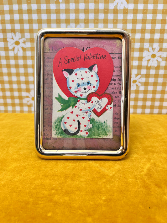 Vintage Framed Valentine - Heart Face Kitty - Beveled Edge Brass Frame