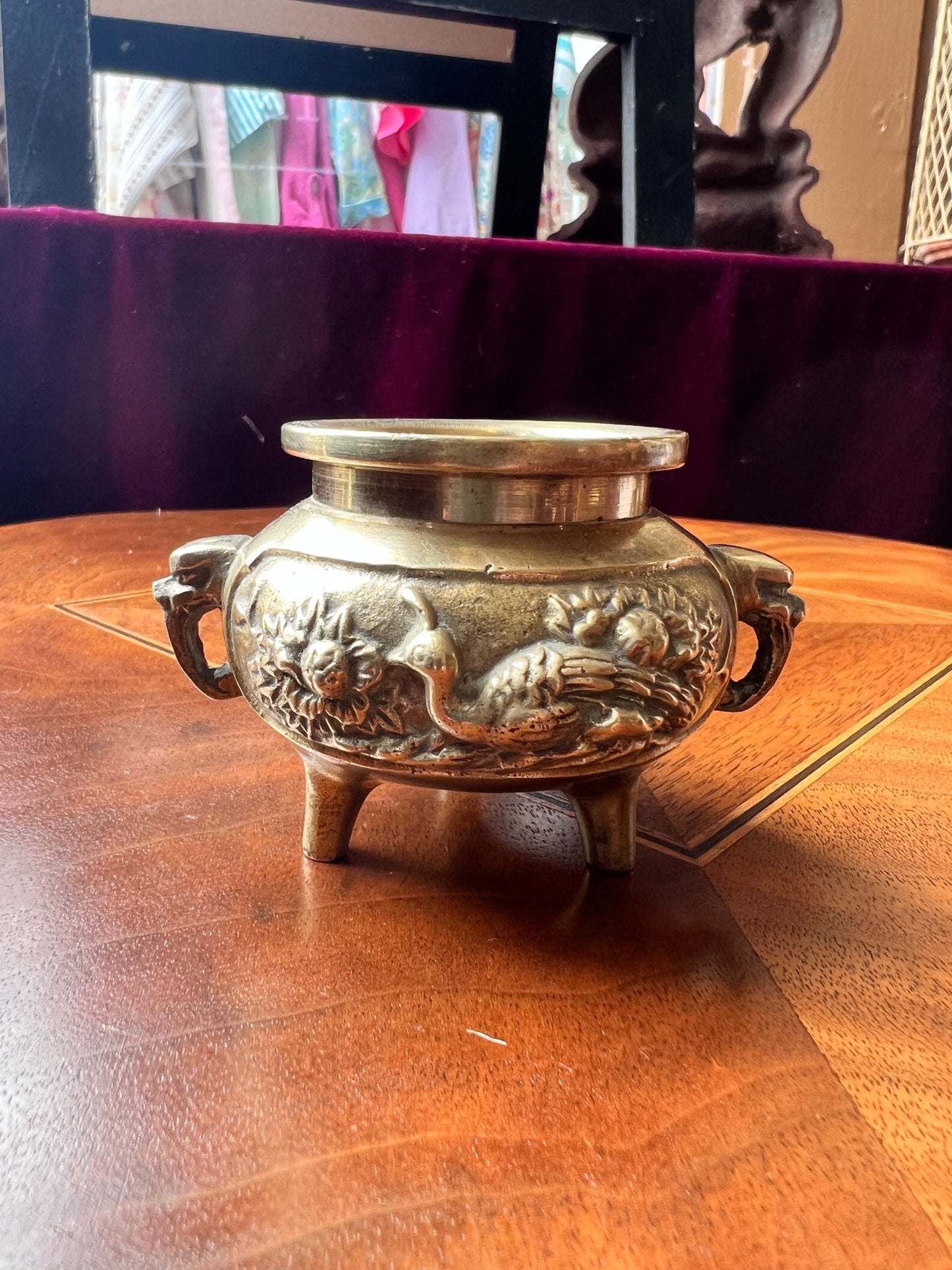 Antique Brass Pedestal Bowl with Peacock Motif