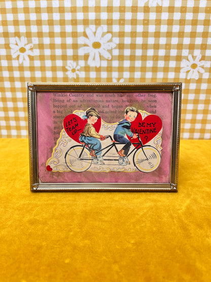 Vintage Framed Valentine - "Bicycle Lovers" - Simple Brass Frame