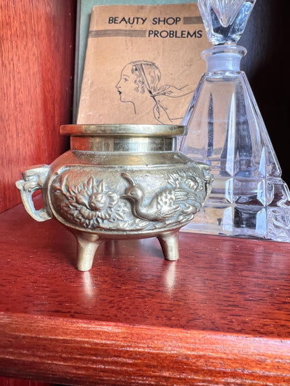 Antique Brass Pedestal Bowl with Peacock Motif