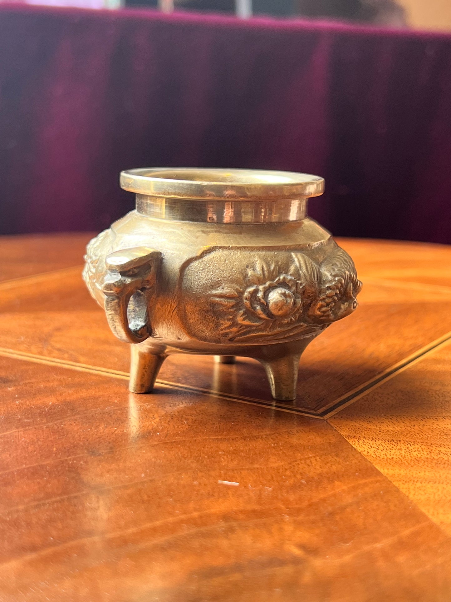 Antique Brass Pedestal Bowl with Peacock Motif