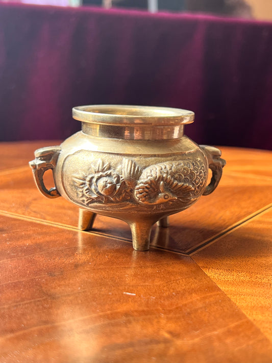 Antique Brass Pedestal Bowl with Peacock Motif